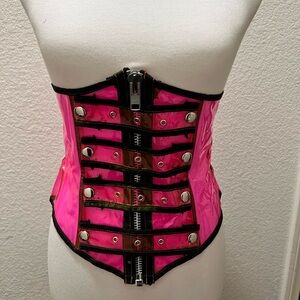 Lip Service Neon Pink and Black Underbust Vinyl Corset